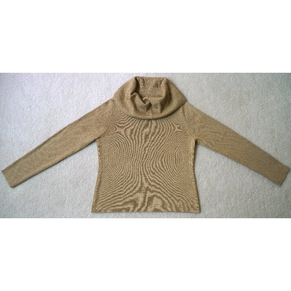 $140 Saks Fifth Ave Dana Buchman Metallic Gold Cowl Neck Knit Sweater Top M 8-10